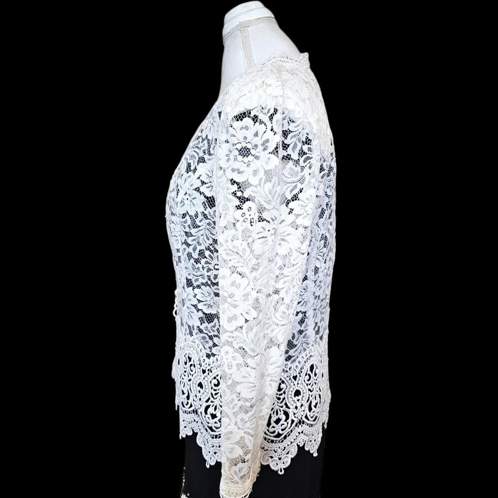 VTG Jessica McClintock Bridal White Lace‎ Cardigan Jacket Sheer Sz M Cottagecore - Picture 7 of 13